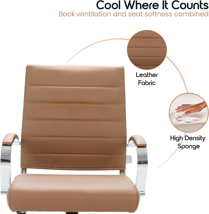 LeisureMod Benmar Leather Office Desk Chair, Mid-Back Ergonomic Swivel Chair with Lumbar Support, Adjustable Height, Tilt Lock, Cushioned Seat & Back, Home Office Task Chair (Brown, Set of 4)