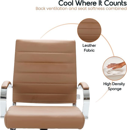 LeisureMod Benmar Leather Office Desk Chair, Mid-Back Ergonomic Swivel Chair with Lumbar Support, Adjustable Height, Tilt Lock, Cushioned Seat & Back, Home Office Task Chair (Brown, Set of 4)