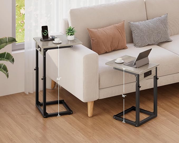 Vagusicc C Shaped End Table with Charging Station, Adjustable Height Side Table for Couch, C Table End Table Couch Table that Slide Under, Sofa Table TV Tray Arm Tables for Living Room, Bedroom, Gray