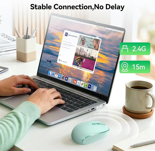 TECKNET Wireless Mouse for Laptop, 2.4G Quiet Computer Mouse with USB Receiver, 4 Buttons Portable Cordless Mice for Chromebook, Laptop, PC, Mac, 800/1200/1600 DPI - Mint Green