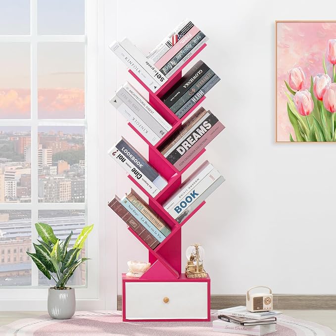 SHEEPAM 8 Tier Tree Bookshelf with Drawer, Free Standing Wood Bookcase for Narrow Space, Storage Organizer Bookshelves for Books, Book Case for Home Office, Living Room, Bedroom - Pink