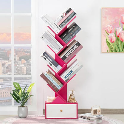 SHEEPAM 8 Tier Tree Bookshelf with Drawer, Free Standing Wood Bookcase for Narrow Space, Storage Organizer Bookshelves for Books, Book Case for Home Office, Living Room, Bedroom - Pink