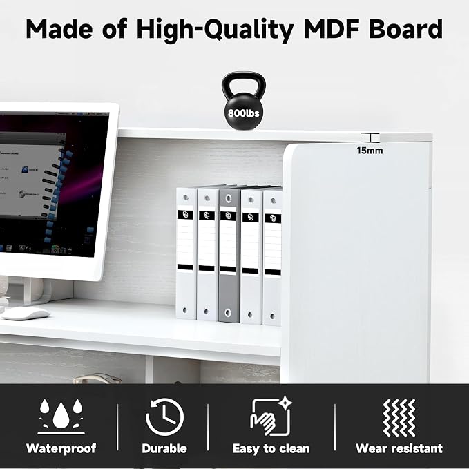 TC-HOMENY Reception Desk with LED Lights, 55'' Retail Counter Modern with Storage Shelves and Cable Grommet, Front Table, Salon Desk, Office Table,White