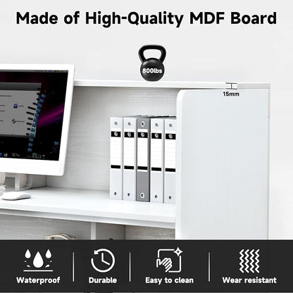 TC-HOMENY Reception Desk with LED Lights, 55'' Retail Counter Modern with Storage Shelves and Cable Grommet, Front Table, Salon Desk, Office Table,White