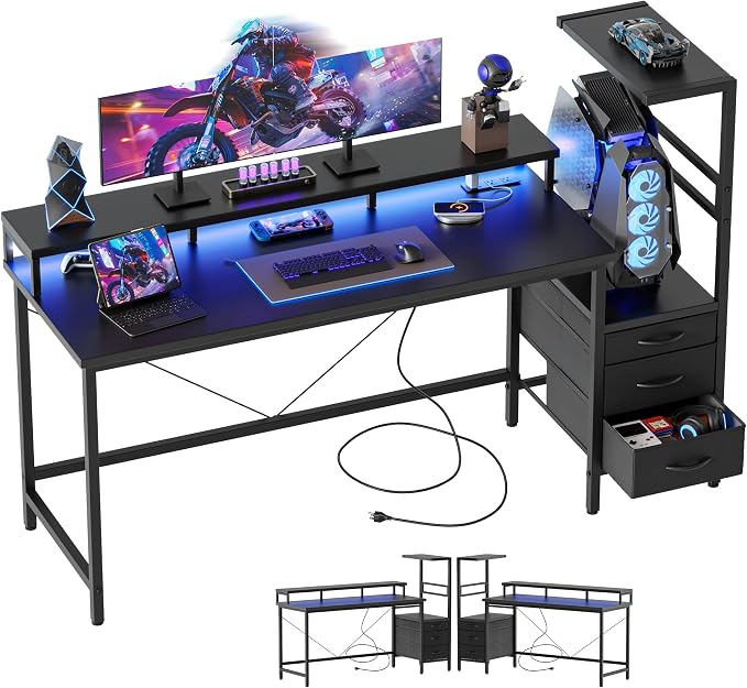 Mericonia 52 inch Gaming Desk with LED Lights & Power Outlets, Reversible Computer Desk with Storage Drawers & Monitor Stand, Large Gaming Table for Home Office