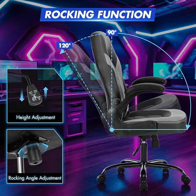 Sweetcrispy Computer Video Game Desk Chair: Ergonomic Comfy Lumbar Support, PU Leather with Flip-up Armrest, Height Adjustable and 360° Swivel, for Adults, Black Grey