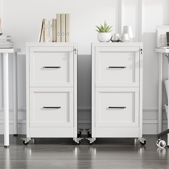 Small Metal 2-Drawer File Cabinet, Under Desk Office Cabinet, White | Rolling, Locking, Adjustable Hanging Rail, Fit A4, FC, Letter, Hanging File Folders for Home Office Storage Organization, 2PS