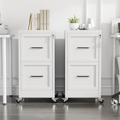 Small Metal 2-Drawer File Cabinet, Under Desk Office Cabinet, White | Rolling, Locking, Adjustable Hanging Rail, Fit A4, FC, Letter, Hanging File Folders for Home Office Storage Organization, 2PS