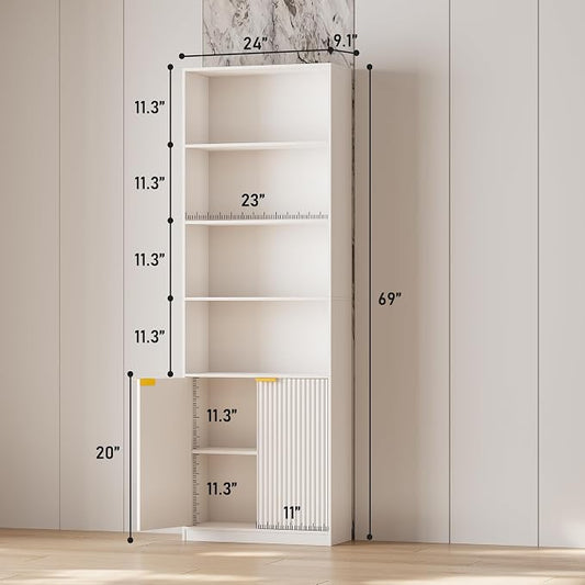 INNOD 69" Tall Book Shelve Bookcases with Doors, Floor Standing 6 Shelf Display Shelves, Bookshelf with Storage Shelf, Home Decor Furniture for Living Room Home Office