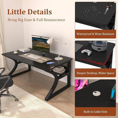 Computer Desk, 55Inch Computer Desk w/Storage Shelves, Home Office Desks w/U Shaped Metal Frame, Study Writing Desk w/Cable Management, Deeper & Thicker Desktop Table for Home Office (47inch-BK)