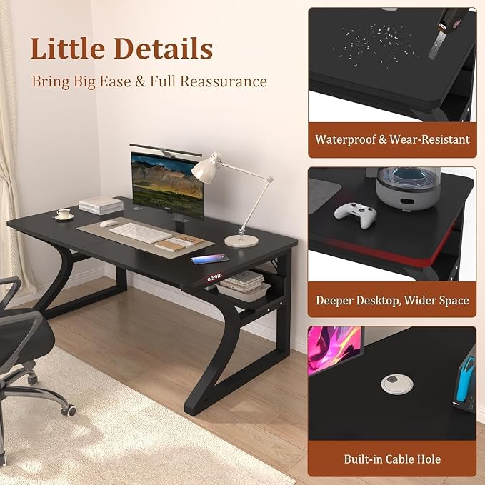 Computer Desk, 55Inch Computer Desk w/Storage Shelves, Home Office Desks w/U Shaped Metal Frame, Study Writing Desk w/Cable Management, Deeper & Thicker Desktop Table for Home Office (55inch-BK)