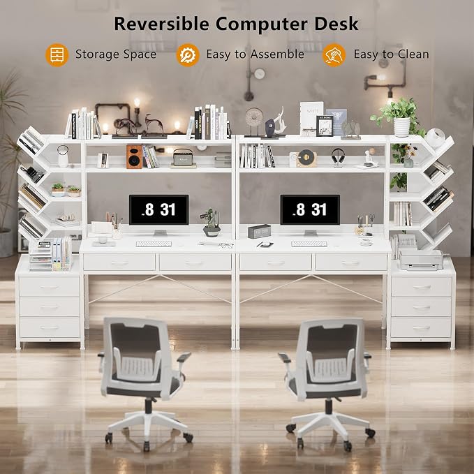 YOMILUVE Reversible Computer Desk with Hutch, Home Office Desk with 5 Drawers and Bookshelf, 52'' Study Writing Desk with Storage Shelves for Bedroom Home Office, White
