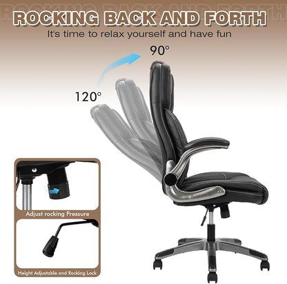 Executive Office Chair with with Flip up Arms, Big and Tall Ergonomic High Back Office Chairs, 90-120° Rocking Lumbar Support Home Computer Desk Chair Wheels(Black)