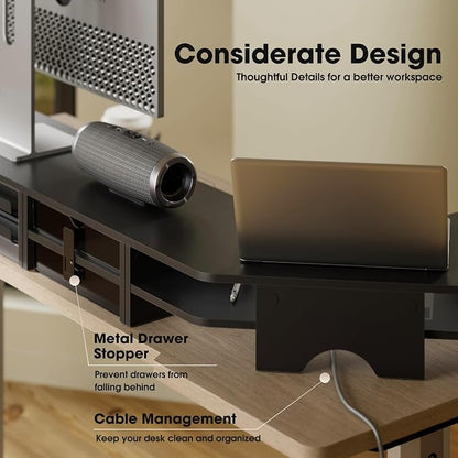 Fenge Dual Monitor Stand, 2-Tier Corner Monitor Riser with Drawer and Slide-out Tray, Triangle Desktop Shelf Organizer for Laptop Computer Printer Home Office Desk, Black