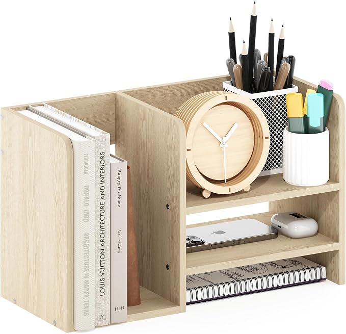 Furinno Hermite Desk Organizers, Office Organization with Accessories and Vertical File Holder, Desktop Book Shelf, for Office Supplies, Desk Accessories, for Study Room, Dorm, Natural Oak