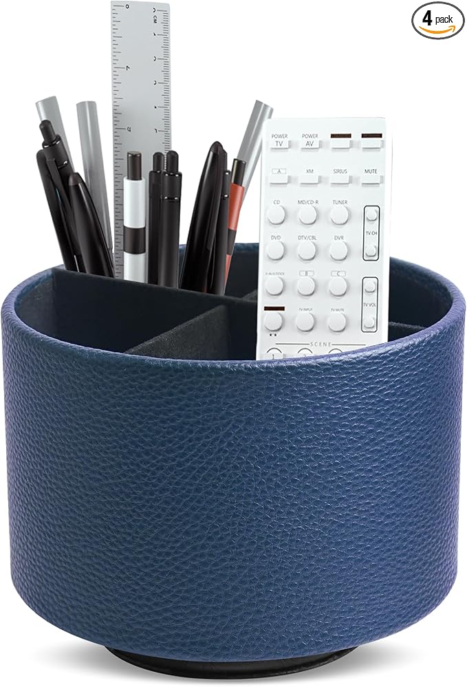 Round Leather Art Supply Organizer,Remote Control Holder,360 Degree Spinning,Multi-Functional Pencil Holder,4 Compartments Desktop Stationary Organizer(1-Lichee Blue)