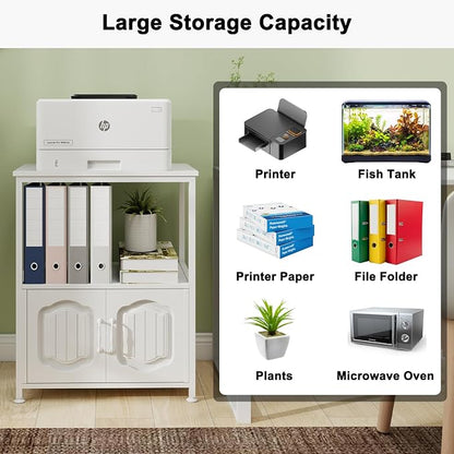 Natwind 3 Tier Printer Stand with File Cabinet, Vertical Filling Cabinet with Open Shelves, Decorative Wood Printer Shelf with Storage for Home Office, White
