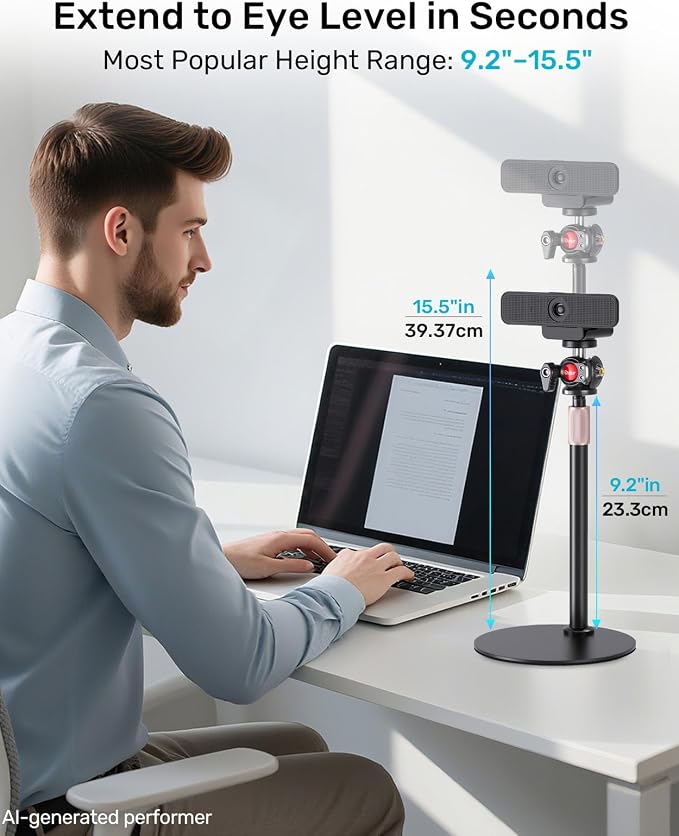 Webcam Stand for Desk, with 360 Ballhead, Heavy Base Height Adjustable Tripod for Logitech Webcam C922 C930e C920 C615 C960 C920x BRIO 4K NexiGo N60, Phone Mount, Gopro with 1/4" Thread