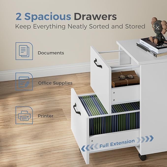 DUMOS 2 Drawer Filing Cabinet, Rolling Wood File Cabinet for Home Office, Under Desk Storage with Lockable Wheels, Printer Stand, Office Organizer, White