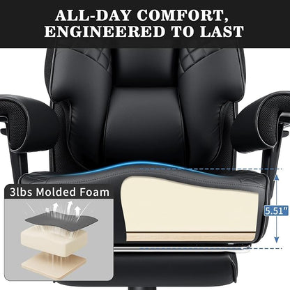 HOFFREE 500lbs Big and Tall Office Chair for Heavy People Executive Desk Chair with Adjustable Lumbar Support Comfy Wide Office Chair,Adjustable Padded Armrest,PU Leather,Black