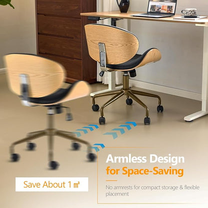 VINGLI Wide Comfotable Swivel Home Office Chair with Wood-Grain Curved Shell,Ergomomic Mid-Back Padded Armless Rolling Desk Chair with Wheels,Height Adjustable for Computer,Task,Work,PU Leather,Black