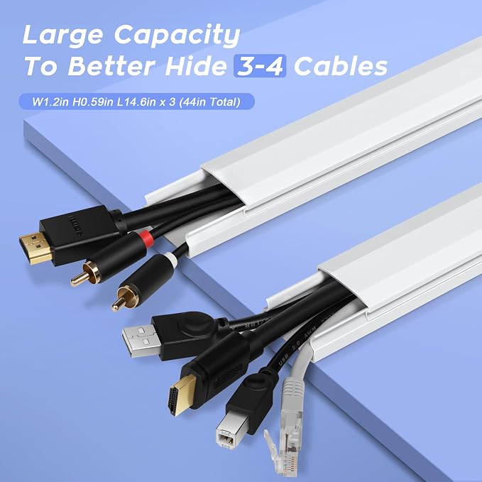 TV Cord Hider, 44in Cable Raceway Kit, Self Adhesive Wire Covers for Cords on Wall, Large Cord Cover for Wall Mounted TV, Holds Up to 4 Cables, Paintable Cable Management System, W1.2in H0.6in