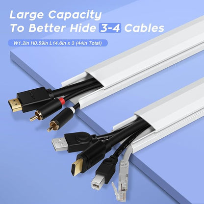 TV Cord Hider, 44in Cable Raceway Kit, Self Adhesive Wire Covers for Cords on Wall, Large Cord Cover for Wall Mounted TV, Holds Up to 4 Cables, Paintable Cable Management System, W1.2in H0.6in