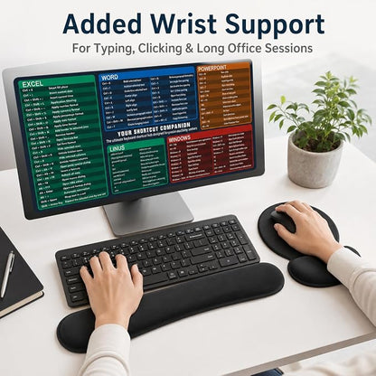 Excel Cheat Sheet Desk Pad Set, 3-Piece Office Shortcut Mouse Pad with Keyboard Wrist Rest & Mouse Wrist Rest, Excel Word PowerPoint Windows Shortcut Mat for Accountants, Students, Carbon Black