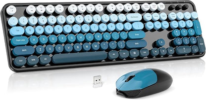 MOWUX Wireless Keyboard and Mouse Combo, Full Size Typewriter Retro Round Computer Keyboard, Cute Optical Mouse, 2.4G Plug and Play, Compatible with Laptop, PC, Desktop, Computer - Black Blue Gradient