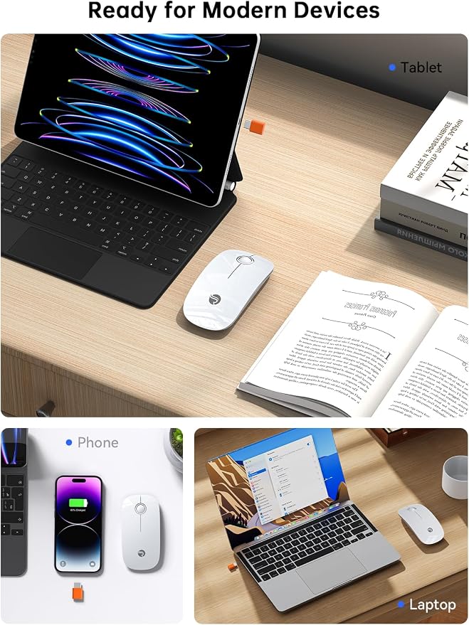 RAPIQUE R306C USB C Wireless Mouse for MacBook, Type-C 2.4GHz Portable Computer Mouse with USB-C Receiver, Silent Click, Slim Cordless Mouse, 3-Speed DPI, for iPad, Chromebook, Laptop, MacOS - White
