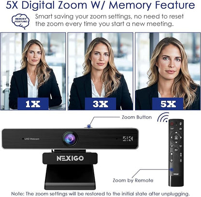 Zoom Certified, NexiGo N950P 4K Zoomable Webcam with Remote Control, Sony_Starvis Sensor, 5X Digital Zoom, Pro Web Camera with Dual Stereo Mics, for Zoom Skype Teams Twitch