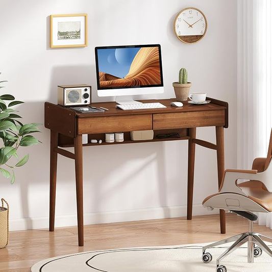Giantex Mid Century Modern Desk, 39.5" Bamboo Computer Desk with 2 Drawers and Open Storage Shelf, Makeup Vanity Table, Wood Computer Workstation, Vintage Writing Desk for Bedroom, Walnut