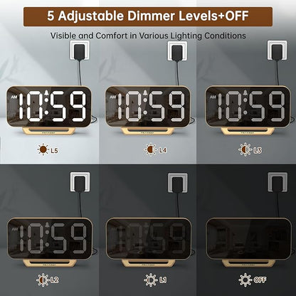 Peakeep Slim Digital Mirror Aesthetic Alarm Clock for Bedrooms Desk Decor - Plug in Electric Big LED Modern Small Clock for Office Living Room, Battery Backup, 6 Dimmers (Gold)