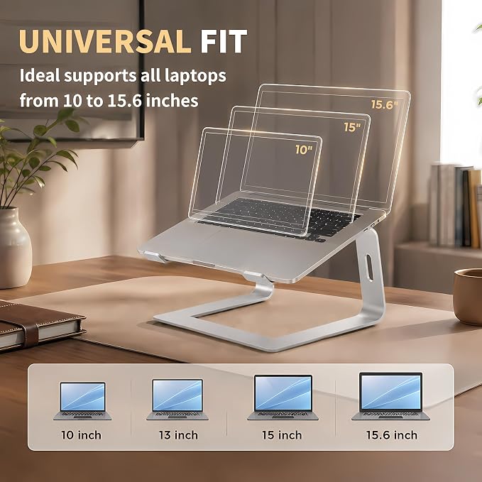 Orionstar Ergonomic Laptop Stand, Premium 5mm Aluminum Riser for 10-15.6 Inch Notebook Computer, Tool-Free Detachable Elevator Holder for Desk Office, Sturdy Riser for Eye-Level Neck Relief, Silver