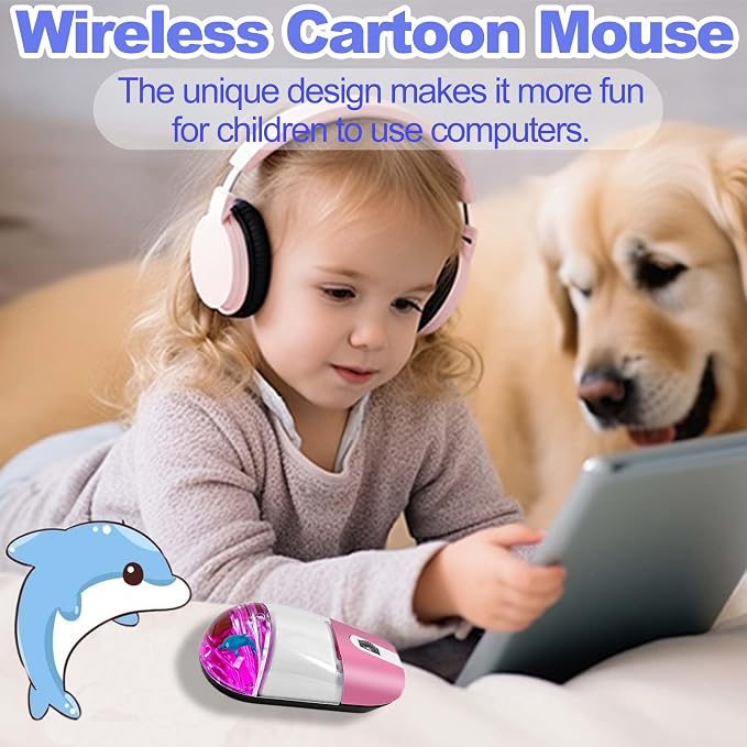 Wireless Mouse Cute Clear Water Silent Lightweight Portable Aqua Transparent Liquid Optical Retro Cordless Mice with USB Receiver Floater Dolphin for PC Laptop Computer MacBook Kids Girl Gift (Pink)