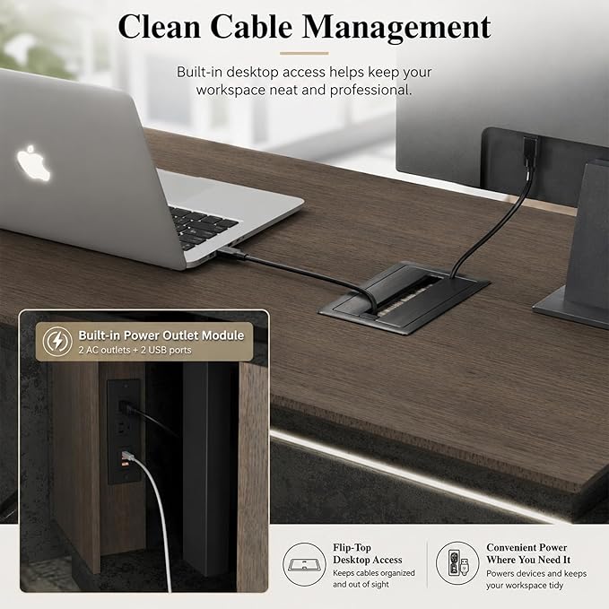 SAINTCY Adjustable Executive Desk - Luxury L Shaped Desk with Drawers, Large Table with File Cabinets, Executive Office Desks with LED Light Strip Home Office Desk for Professionals