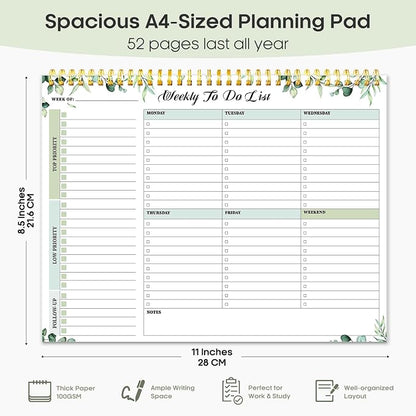 Taja Weekly To Do List Notepad with 52 Undated Sheets（8.5"×11"）- Weekly Desk Planner for Women & Man, Work and Home - 1 Pack Serene Green