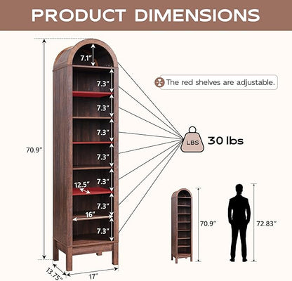 IFGET 71" Tall Arched Bookshelf, 8 Tiers Arch Bookcase with Storage, Modern Farmhouse Book Shelf with Adjustable Shelves, Wood Bookshelf w/Open Display Shelves for Living Room, Office (Brown)