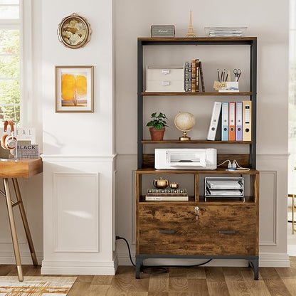 Homieasy File Cabinet with Charging Station, Vertical Filing Cabinet with Lock & Large Drawer, Printer Stand with Storage Shelves, Office Storage Cabinet fits Letter/A4/Legal Size, Rustic Brown
