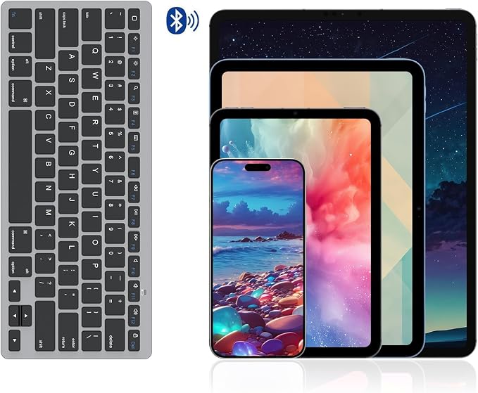 OMOTON Ultra-Slim Bluetooth Keyboard for iPad 11th/10th/9th/8th/7th, iPad Pro/Air/Mini and iPhone Series, Wireless iOS Keyboard with 12 Multimedia Keys for Office, Home, Travel, School, Black Grey