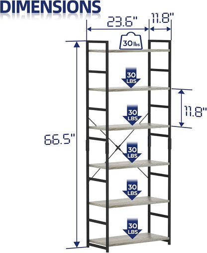 NUMENN 6 Tier Bookshelf, Tall Bookcase Shelf Storage Organizer, Modern Book Shelf for Bedroom, Living Room and Home Office, Grey