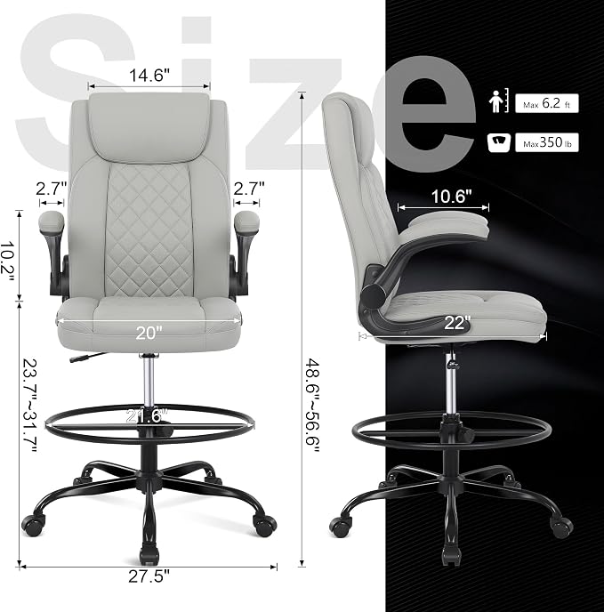 Misolant Drafting Chair, Tall Office Chair for Standing Desk, Standing Chair with Adjustable Height and Flip-up Armrest, Leather Drafting Chair, High Office Chair for Counter Height Desk