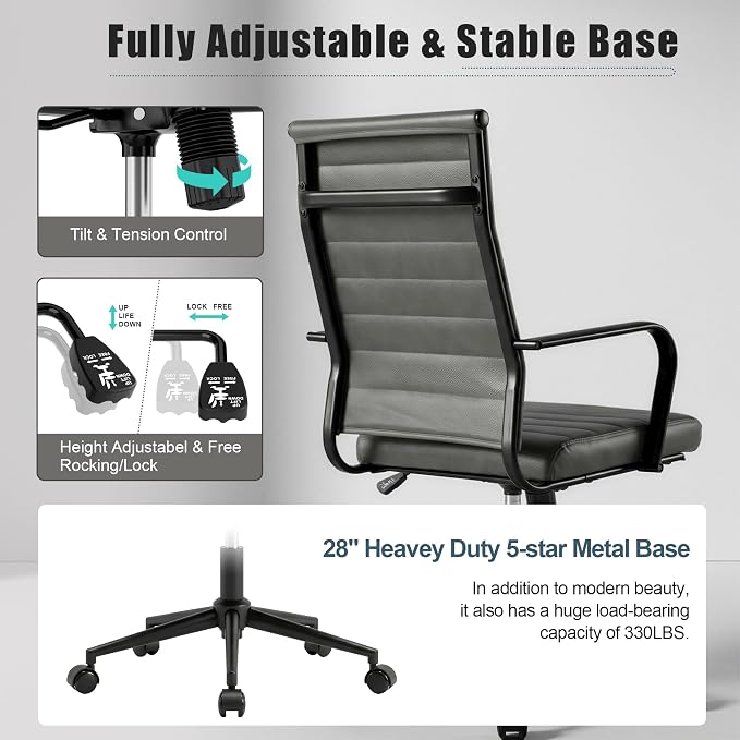 Okeysen Genuine Leather Office Desk Chair, Mid-Century Modern Real Leather Conference Room Chairs, Ergonomic Executive Ribbed Height Adjustable Swivel Rolling Chair for Home Office.