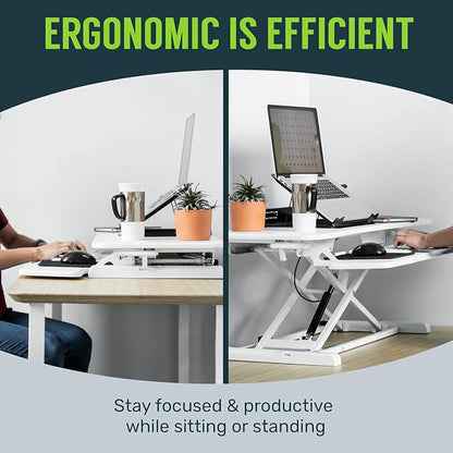 TechOrbits Standing Desk Converter - 42 Inch Adjustable Sit to Stand Up Desk Workstation, MDF Wood, Ergonomic Desk Riser with Keyboard Tray, Desktop Riser for Home Office Computer Laptop, Black 42"