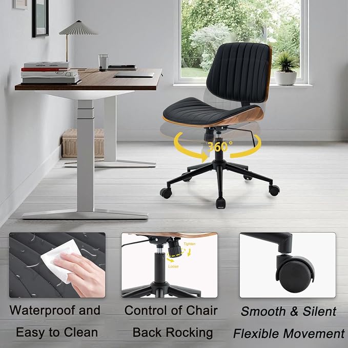 Modern Home Office Desk Chair with Wheels, PU Leather Swivel Computer Chair Armless Upholstered Cirss Cross Vanity Chair for Home Office, Meeting, Reading, Black