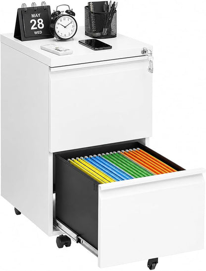 SAWJEC 2 Drawer Mobile File Cabinet with Lock, Fully Assembled Rolling Metal Filing Cabinet for Home Office, Vertical Locking File Cabinet with Wheels, Fits Letter/Legal/A4, White, 17"D x 15"W x 26"H