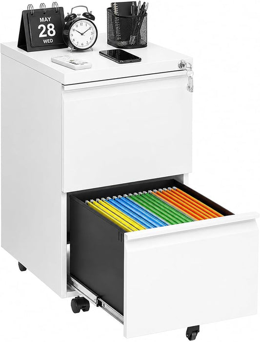 SAWJEC 2 Drawer Mobile File Cabinet with Lock, Fully Assembled Rolling Metal Filing Cabinet for Home Office, Vertical Locking File Cabinet with Wheels, Fits Letter/Legal/A4, White, 17"D x 15"W x 26"H