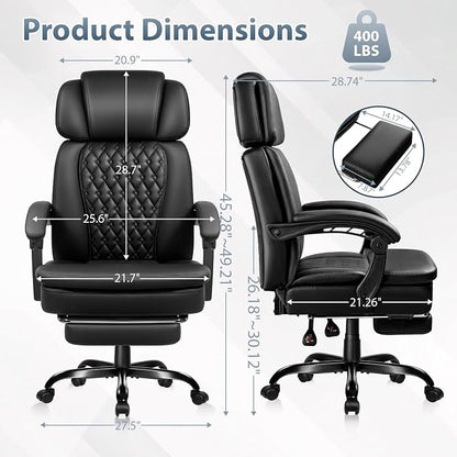 PRETZI Executive Office Chair 400LBS, Ergonomic Office Chair with Foot Rest, Heavy Duty Desk Chair for Home Office, Reclining High Back PU Leather Computer Chair Comfy, Black
