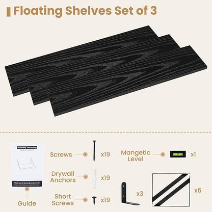 Heimlove Floating Book Shelves for Wall,35.4 Inches Long Wall Mounted Bookshelves,Heavy Duty Bracket Shelves for Living Room Kitchen,Laundry Room Storage & Decor,Set of 3,Black