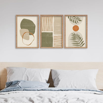 SRSZHIYUE Large Green Abstract Boho Plant Wall Art Neutral Bohemian Set of 3 Wood Framed 24x16 Inch for Living Room Bedroom Wall Decor Hanging (Wood)